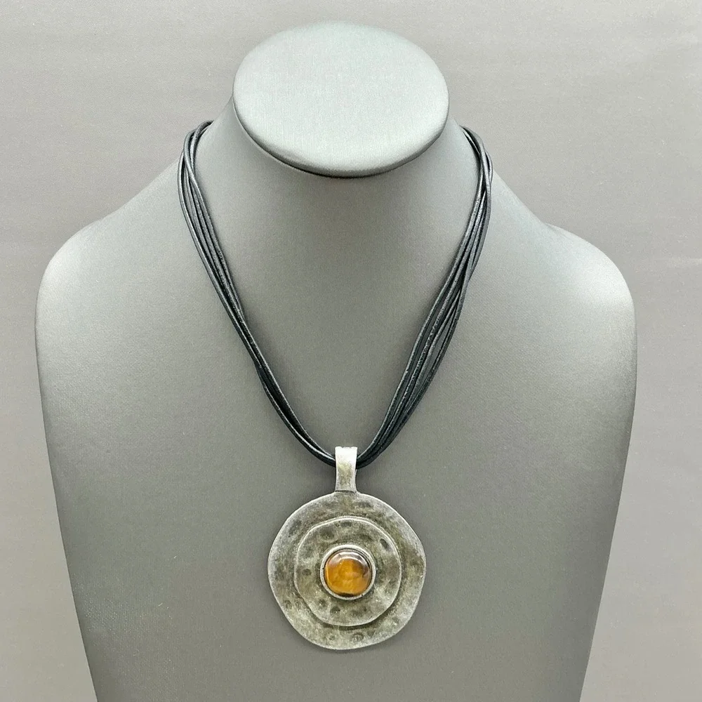 Premier Designs Necklace Tiger Eye Pendant Black Cord Silver Tone 18-20 In